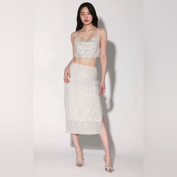 New! Walter Baker Crista Sequin Side Slit Midi Skirt in Ice Sz 4 $268 - Picture 5 of 10